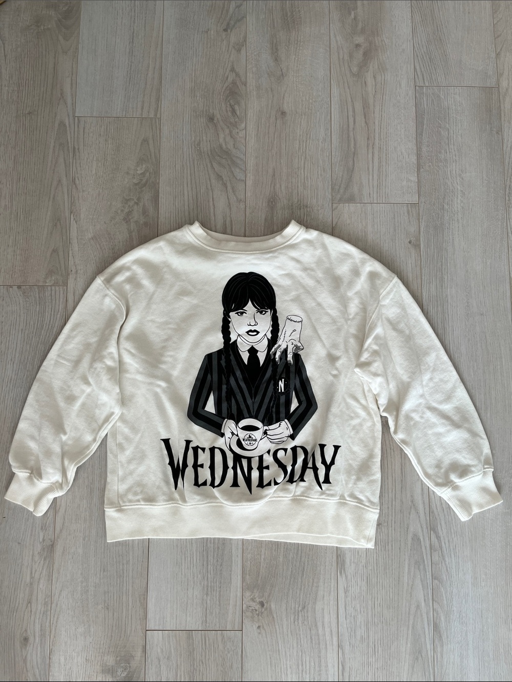 Zara Cream Sweatshirt with Black Wednesday Graphic